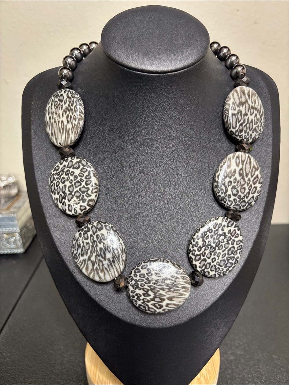 Handcrafted Statement Black & White Leopard Print Disc Necklace
